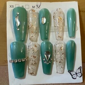 Sage Green and Gold Foil Press On Nails Med Coffin Rhinestone Accents 10pc Set